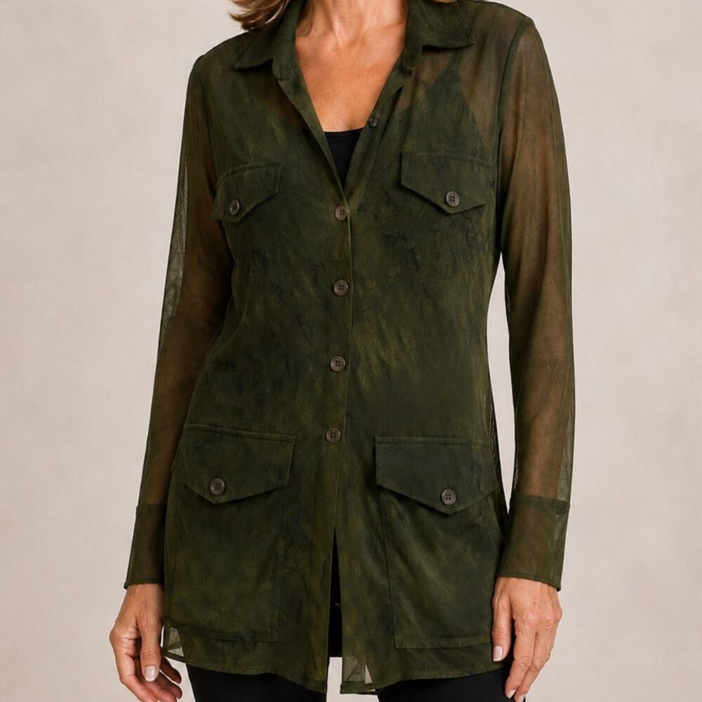 Petit Pois by Viviana G Sheer Mesh Button Front Tunic Small Olive Green Safari